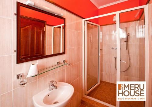 NkubuThe Meru House的一间带水槽、淋浴和卫生间的浴室