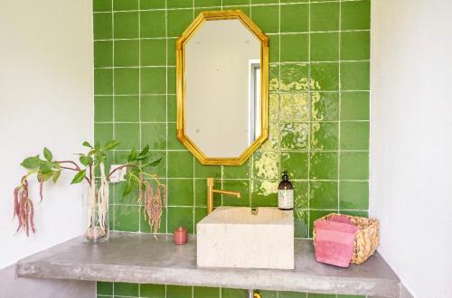 蒙塔吉尔Monte da Marouca-Mont’Argil的绿色瓷砖浴室设有水槽和镜子