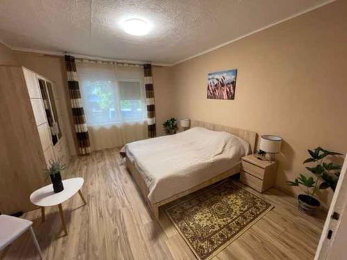 福纽德Holiday home Fonyod 10的一间卧室配有一张床、一张桌子和一个窗户。