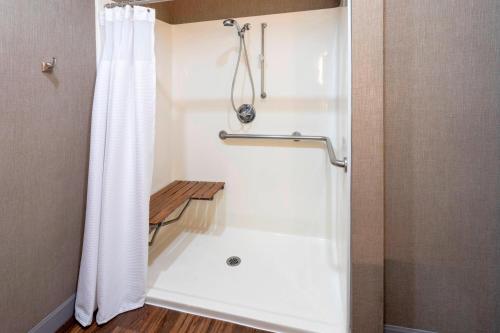 罗切斯特罗切斯特梅奥诊区/圣玛丽区春季山丘套房酒店的一间带白色淋浴帘的浴室
