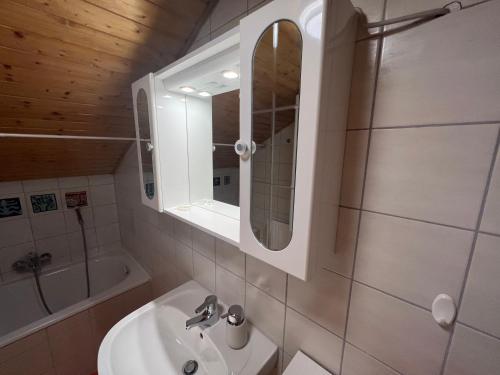 沃尔特湖畔韦尔登Historische Villa Velden im Zentrum的浴室配有盥洗盆、镜子和浴缸