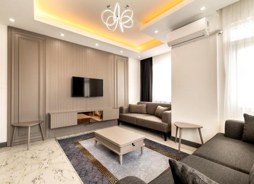 特拉布宗Selia SUİTES的带沙发和电视的客厅