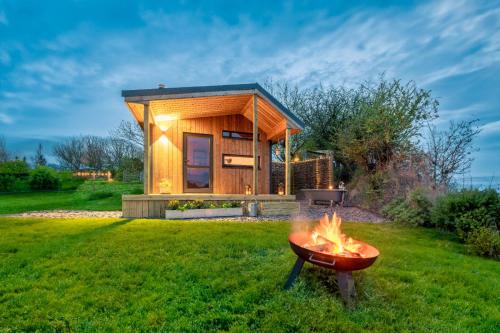 特鲁罗Luxury Glamping Cabin with Outdoor Bath on Cornish Flower Farm的院子中带烧烤的小房子