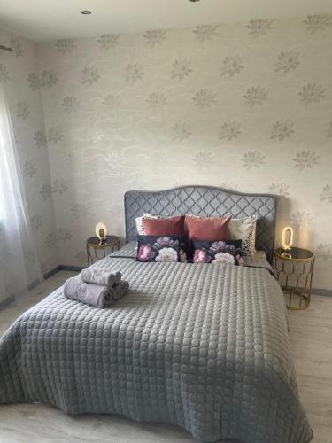 PiņķiApartment SAMANTA- self-checkin - near Jurmala, airport的一间卧室配有一张带灰色棉被和枕头的床