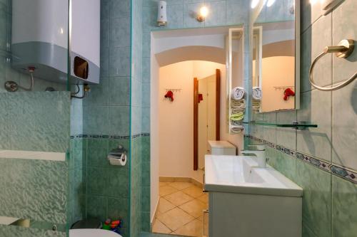 木洛希尼Apartments Valeria, Mali Lošinj的一间带水槽、卫生间和镜子的浴室
