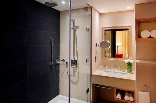 阿布扎比阿布扎比万豪国贸中心庭院酒店的带淋浴和盥洗盆的浴室