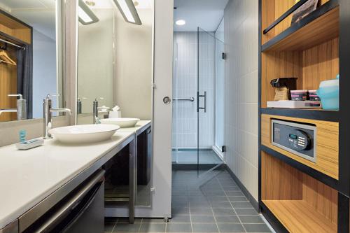 达拉斯雅乐轩达拉斯市中心酒店的一间带两个盥洗盆和淋浴的浴室