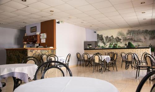 里科索翁Petania Hotel & Apartments的一间带桌椅和柜台的用餐室