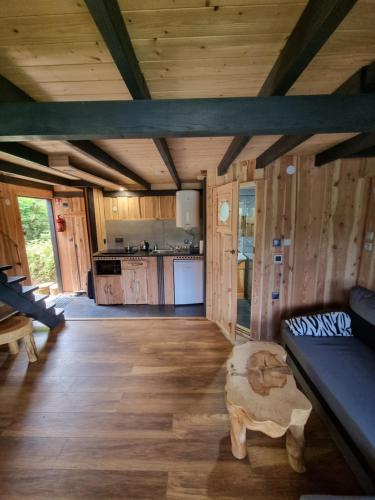 莱斯科Domki nad Sanem的小屋内的客厅配有沙发和桌子