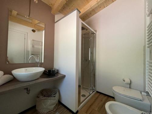 安圭拉萨巴齐亚La Marmotta COUNTRY RELAIS sul lago的一间带水槽、卫生间和镜子的浴室