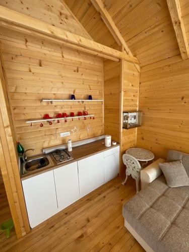 GolubovciBoljesestre Lake retreat的小木屋内的厨房,配有沙发和桌子
