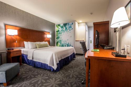 圣约翰斯圣约翰纽芬兰万怡酒店的配有一张床和一张书桌的酒店客房