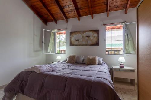 贝尔格拉诺将军镇Cabañas Noscohue的一间卧室设有一张大床和两个窗户。