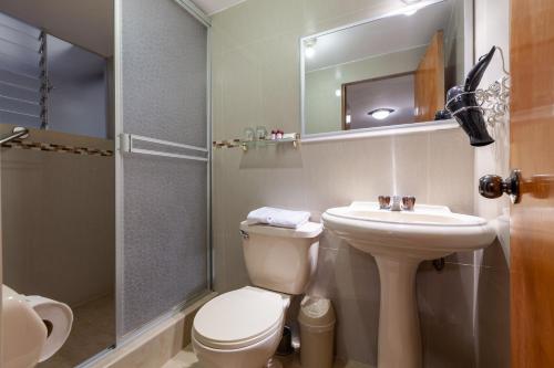 库斯科Hotel Amerinka的浴室配有卫生间、盥洗盆和淋浴。