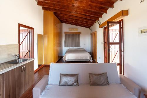 帕福斯Steni Traditional Studio Apartment的一间卧室配有一张床和一个沙发