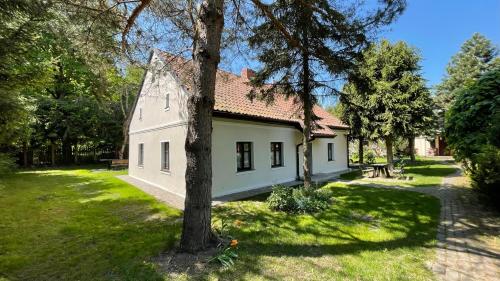 PłocicznoSiedlisko Dzika Kaczka的院子里有树的白色房子