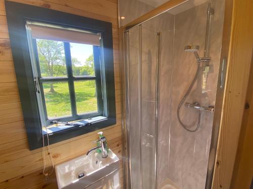 兰达弗里Oakies Farm Stays的带淋浴和盥洗盆的浴室以及窗户。