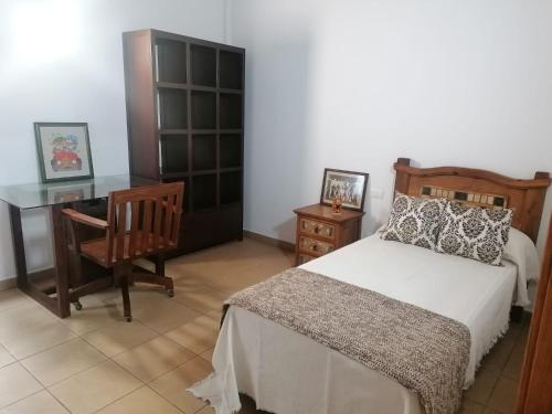 马佐Casa Amagante, en Hoyo de Mazo的一间卧室配有一张床、一张桌子和一把椅子