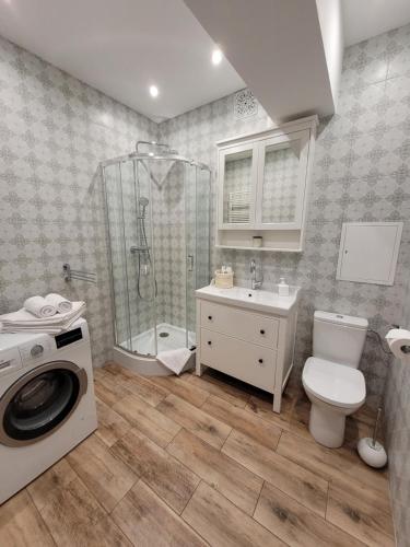 华沙Apartament Czerwone Maki的带淋浴卫生间和洗衣机的浴室