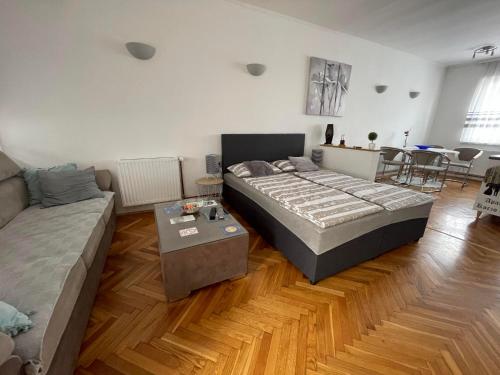 奥西耶克Apartman Korzo Osijek的一间带两张床和一张沙发的客厅