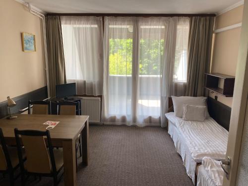 加尔多尼维京酒店的酒店客房设有床、桌子和窗户。