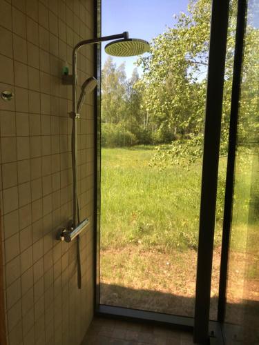 Kuldi Mirror House的享有庭院景致的玻璃门淋浴