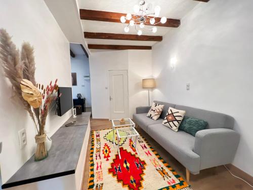 奥比埃Le cocon de la Chaîne des Puys & SPA Terrasse的带沙发和地毯的客厅