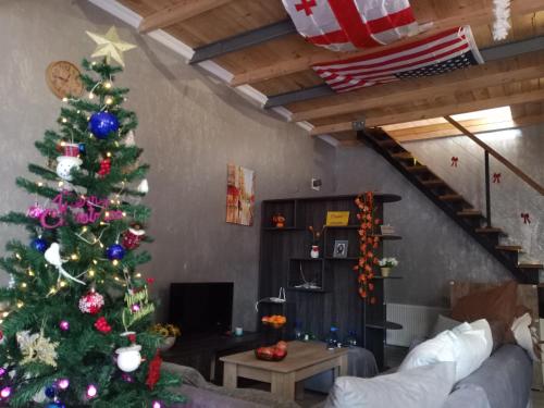 巴统Chase Dream Hostel追梦空间的客厅里设有圣诞树的客厅