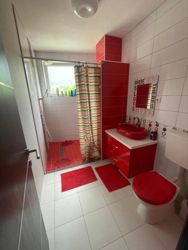 萨拉热窝Villa Nature的红色的浴室设有红色的卫生间和淋浴。