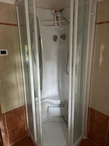 塞里纳Camera Singola con Terrazza Panoramica的浴室里设有玻璃门淋浴
