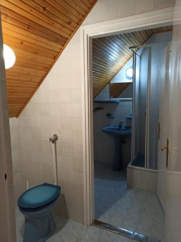 根尼斯迪亚斯Almavilla的浴室设有蓝色的卫生间和水槽。