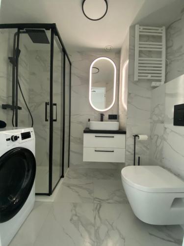 弗罗茨瓦夫Apartament Wrocław-Lotnisko的浴室配有盥洗池、卫生间和镜子。