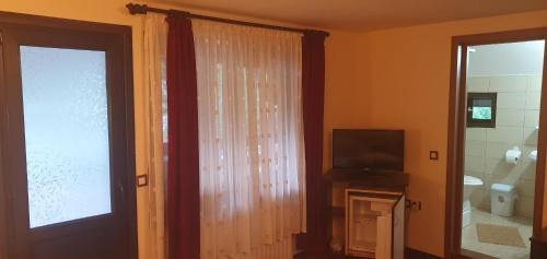 凯亚Pensiunea Cezar-Codrin的客房设有带电视和窗户的浴室。