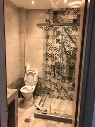 新马尔马拉斯Savvas House的一间带卫生间和玻璃淋浴间的浴室