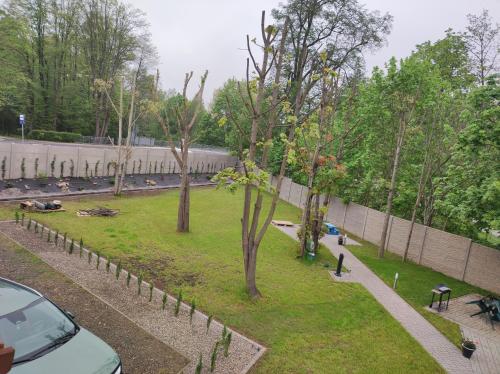 耶莱尼亚古拉Noclegi u Sylwii przy Termach w Cieplicach的一座两棵树和一个围栏的公园