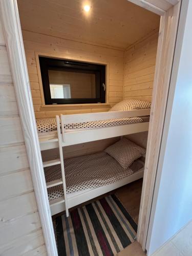 雷瓦Domki Letniskowe Rewa的一间小型客房,设有位于桑拿浴室的双层床