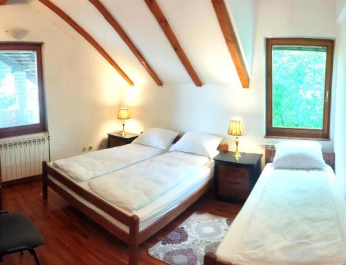 萨拉热窝Vila Gardenia的带2扇窗户的客房内的2张床