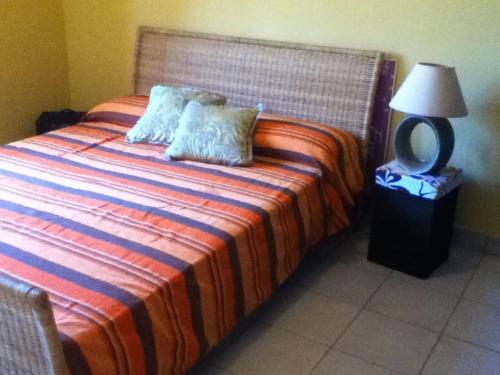 明德卢Spacious, Sunny, Cozy & Secure的一间卧室配有带两个枕头和一盏灯的床