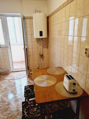 斯勒尼克Apartament Slănic Prahova的厨房配有带烤面包机的桌子。