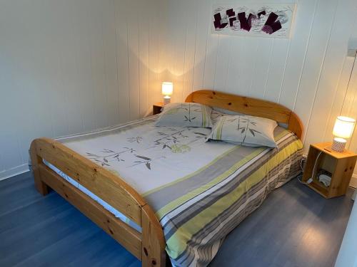 勒芒À 900 M de l'entrée du Circuit des 24 heures的一间卧室配有一张带两个枕头的木床