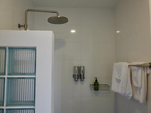 清道Bougain Villas的浴室设有白色瓷砖淋浴。