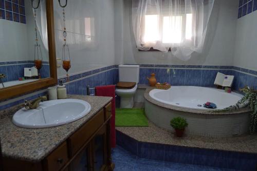 尼格兰Swimming pool, beach and garden in Nigran的带浴缸、卫生间和盥洗盆的浴室