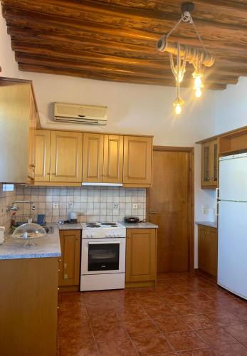 基莫洛斯岛Stefanoula's house的厨房配有木制橱柜和白色炉灶烤箱。