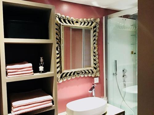 ThyezLe Cerf Enchanteur的一间带镜子、水槽和淋浴的浴室