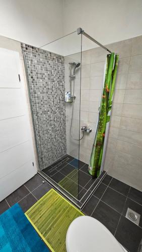 伊利扎Villa Amellina的一间带绿色淋浴帘的淋浴的浴室
