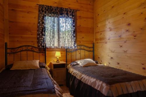 安度亚尔塞拉利昂月神乡间公寓酒店的配有木墙和窗户的客房内的两张床