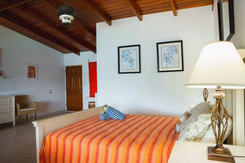 Five Islands VillageBeach Villa的一间卧室配有一张床和一张桌子上的台灯