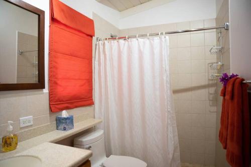 Five Islands VillageBeach Villa的浴室配有白色的浴帘和卫生间