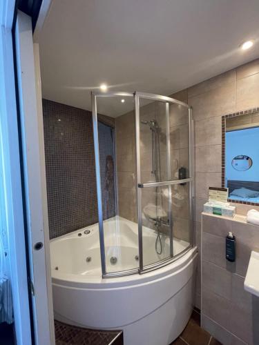 蒙彼利埃尤丽斯蒙特比尔中心酒店的带淋浴和浴缸的浴室