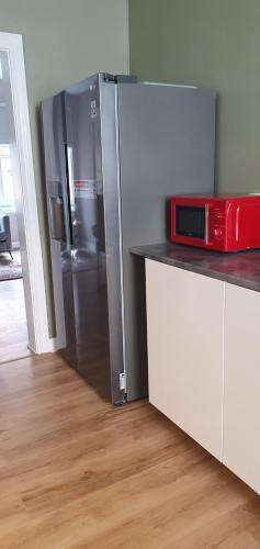舍夫德Centrum lägenhet的厨房配有冰箱,在柜台上配有微波炉